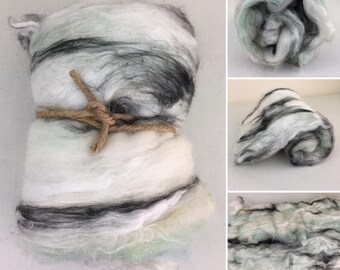 Mint Green Fiber Art Batt, Textured Art Batt, Sparkle Art Batt, Black & White Fiber, Spinning Fiber, Felting Fiber, Roving, Pastel Art Batt