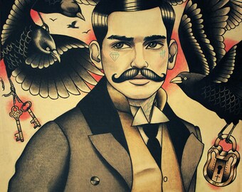 Crows and Tattooed Man with Moustache Art Print