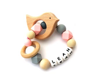 Personalized Teething Ring, Bird, Customized, Name, Girl, Baby Rattle, Silicone Teething Ring, Shower Gift, Wooden, Teether Ring, Natural