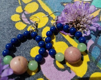 Dark Blue Glass and Pink Rhodonite Earrings
