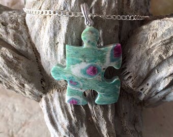 Ruby In Fuschite Gemstone Puzzle Piece Necklace. Autism Awareness. Jewelry. .925 Silver.
