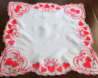 Valentines Handkerchief, Vintage Valentine, Fancy Ladies Handkerchief, Valentine Hanky, Valentine Hankie, Red Hearts, Gift for Her