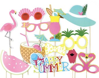 Summer Party Photo Booth Props Kit Flamingo Pineapple for Luau Tiki Party Hawaiian party