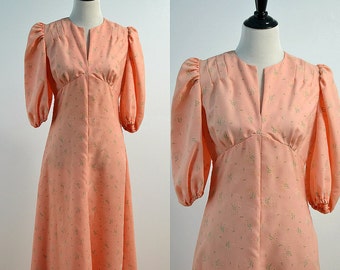 70s Puff Sleeve Maxi Dress / Vintage 1970s Pink Floral Dress / Empire Waist Dress / Elastic 3/4 Sleeve / Medium M / Ankle Length Dress