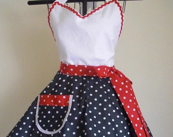 Sweetheart Retro Apron Black and White Red and White Polka Dots Circular Flirty Skirt