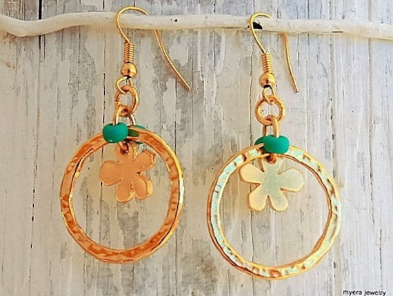 Golden Flower Earrings, Flower Drop Earrings, Flower Dangle Earrings, Small Golden Earrings, Statement Earrings, Gold Flower Jewelry