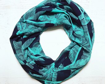 Turquoise & Navy Blue Palm Leaf Print Lightweight Chiffon Infinity Scarf - Handmade - For Her, Spring Fashion, Mother's Day, Summer