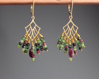 Ruby Zoisite Earrings - Ruby Zoisite Jewelry - Chandelier Earrings - Art Deco Jewelry - Gemstone Earrings - Gold Earrings - -Hummingbirds