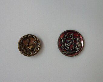 2 Vintage Antique Metal Picture Buttons Birds, Mirror Back, Tint