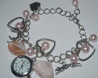Pink Bead Watch Charm Bracelet with Greyhound or Whippet and Dog Charms
