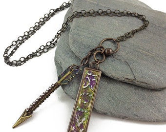 Bling Arrow and Embossed Metal Tag Necklace // mixed metal arrow with sparkle pendant // handmade // ready to ship