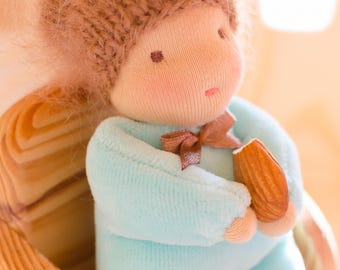 Waldorf doll boy Small doll 6,5 inches for dollhouse Waldorf pocket doll Light blue colour velour Fluffy hat gift Soft doll for toddler