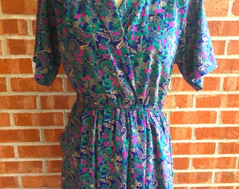 Vintage 80s Leslie Fay blue, green, and purple paisley print dress. Size 10P
