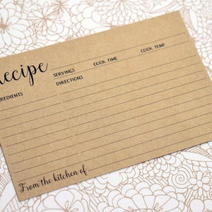 Kraft Recipe Cards - 4x6 Printed Light Brown Recipe Card - Rustic Wedding Favors, Housewarming Gift, Mom Gift, Bridal Shower Recipe Cards