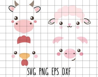 Cute Farm Animal Faces Cow Pig Sheep Hen Chicken Svg Dxf Eps Vector Clip Art Cut Vinyl Transfer Scrapbooking Nursery Decor Baby Shower