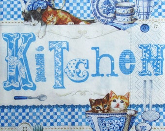 Decoupage paper napkins Decoupage paper Napkin for decoupage Eat Cat Kitchen Blue