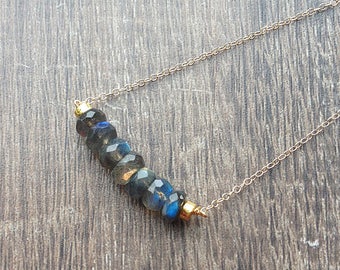 Dainty Labradorite necklace, gold Labradorite bar necklace, blue flash gemstone, sparkly crystal row necklace gift for friend
