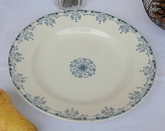 Medium Round French Ironstone Platter. Sarreguemines. Blue and White Transferware. Mignon.
