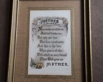 Vintage Framed Print Picture, Mother Mine Print Picture, Vintage Mother's Framed Poem, John Descher Co. NY