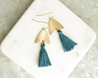 Blue Earrings, Blue Tassel Earrings, Natural Brass and Tassel Earrings, Arrowhead, Arrow Earrings
