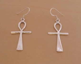 925 Sterling Silver Egyptian Ankh Cross Drop Earrings, Represent Key of Life