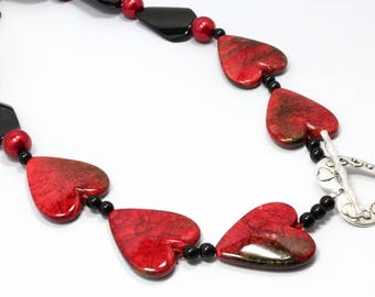 Bold Red and Black Heart Necklace, Valentines Necklace, Statement Necklace, Chunky Necklace, Gift for Her