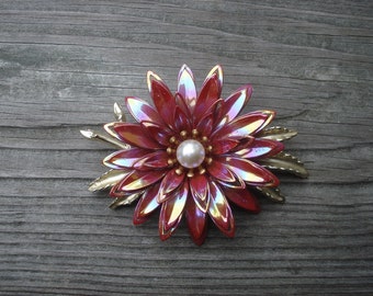 Flower Jewelry Brooch Pink Faux Pearl Gold Tone 02328