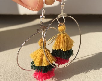Mustard yellow tassel earrings, green hand made etrose.