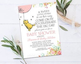Winnie the Pooh Baby Shower Invitation, Classic Winnie the Pooh Baby Shower Invitation, Floral Winnie the Pooh Pink Girl Baby Shower