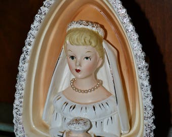 Napco Ceramic BRIDE Madonna Planter LADY 7x5 Virgin STATUE Plant Prayer Peace Sacred Heart Wedding Pearl Necklace Bouquet Alter Bridal Gift
