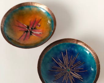 Pair Vintage Copper Enameled Dishes