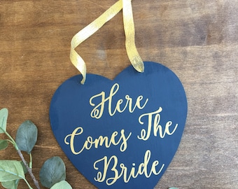 Here Comes The Bride Sign, Rustic Wood Wedding Sign, Navy And Gold Wedding Sign, Ring Bearer Sign, Flower Girl Sign, Modern Wedding Sign