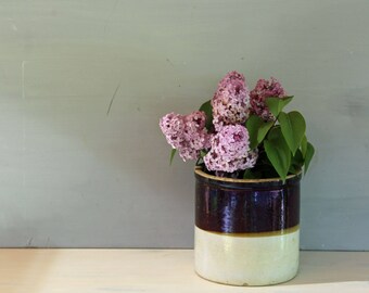 1 Gallon Stoneware Crock, Antique Brown & White Crock, Vintage Porch Decor, Repurposed Flower Pot, Rustic Home Decor, Kitchen Storage Crock