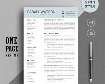 One Page Resume Template, Resume Template, Professional Resume Template For Word, References Page+Cover Letter, CV Template