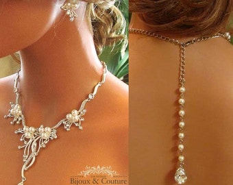 Bridal jewelry set, bridal necklace, backdrop necklace, Wedding jewelry set, pearl necklace, bridal statement earrings, bridesmaid jewelry