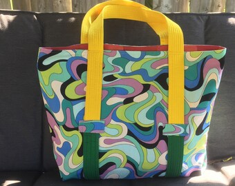 blue tote bag, over-sized tote bag, all day tote bag, carry all bag, colourful waves tote bag