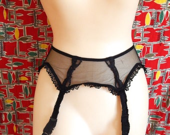 French vintage 50's black see through lace fishnet garter belt bombshell pin up Orfalis Made in France - S / M
