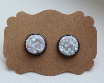 White Druzy Earrings, Drusy Earrings, Druzy Earrings, Gunmetal Post, White 12mm Druzy Post, Gunmetal White Druzy Earrings, Stud Earrings