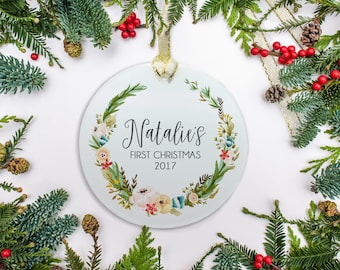 Baby's First Christmas Ornament - Frosted Glass Ornament - Olive Wreath Design - Baby Gift