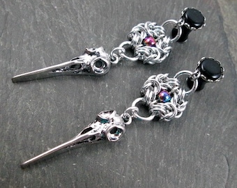 Dangle Plugs - 10g - 8g - 6g - 4g - 2g - 0g - Crow Skull - Black and Rainbow - Chainmaille Jewelry - Plug Earrings - Gothic Wedding