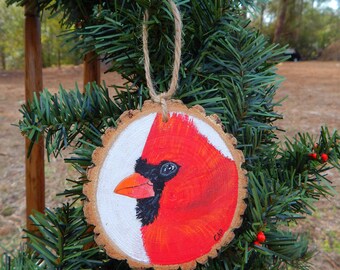 Cardinal Hand painted wood slice ornament