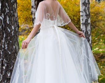 Exquisite tulle and embroidery applique long sleeve wedding dress, vintage wedding dress, bridal separates, bohemian boho wedding separates