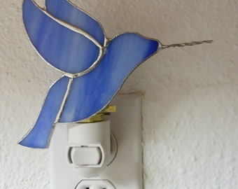 Hummingbird Night Light, Blue Bird, Real Stained Glass, Wall Plug in, U L Certified, Kitchen Bathroom Bedroom Decor, Gift For Woman
