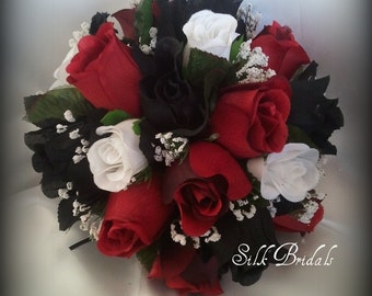 Black White Red ROSES Bridal BOUQUET Bridesmaid Silk Wedding Flowers
