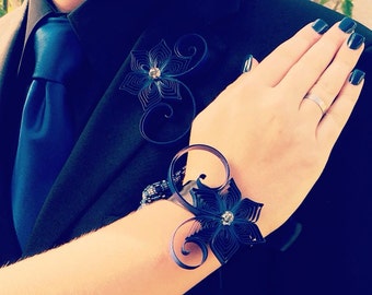 Prom Matching Set Dark Blue Boutonniere and Corsage, Blue Prom Corsage, Blue Homecoming Wrist Band and Pin