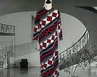Vintage 70's Caftan, Bold Print, Red Black White, Maxi Dress, Polyester Knit, Loungewear, Long Dress, Geometric, Kaftan, Stretchy, Mod