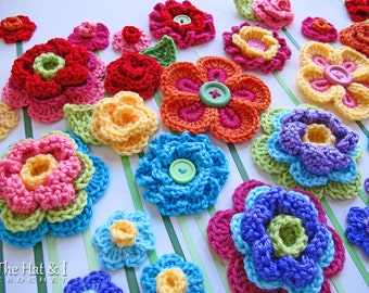 CROCHET PATTERN - Floral Fantasy - 5 colorful crochet flower patterns, 2 crochet leaf patterns, flower applique - Instant PDF Download