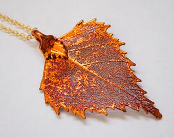 Real Birch leaf iridescent copper pendant necklace