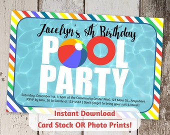 Pool Party Invitation - Girls Rainbow Colors - Printable Digital File Instant Download - Photo Prints or Card Stock - Indoor / Winter Pool