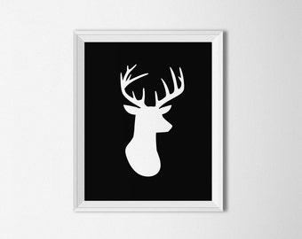 Deer head printable, Deer head poster, black and white, antlers art print, deer antlers, deer head silhouette, cabin art, deer wall art